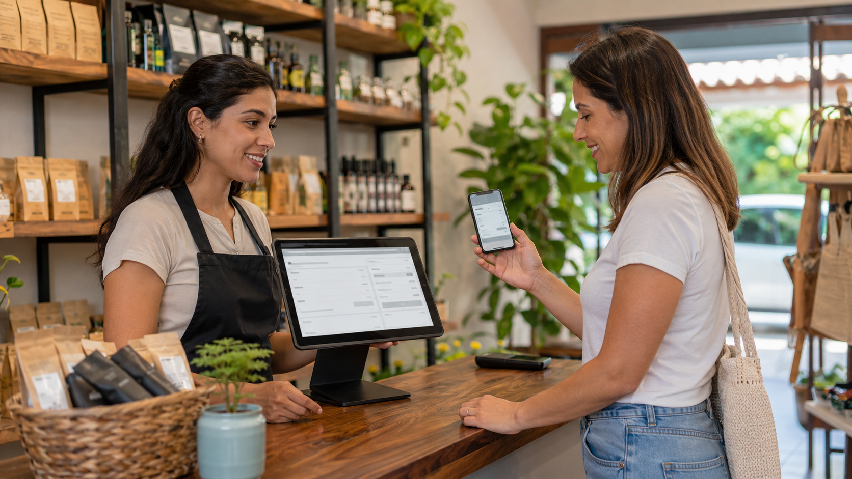 Comerciante utilizando un sistema de punto de venta para emitir una factura electrónica