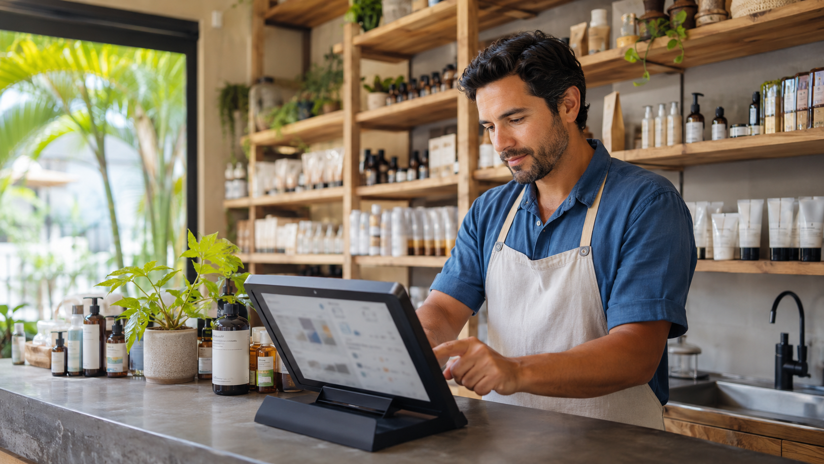 Persona revisando ventas, caja e inventario en el tablero de un negocio