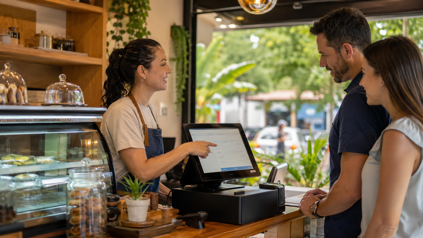 Persona atendiendo un pequeño comercio y utilizando un sistema de facturación electrónica en una pantalla