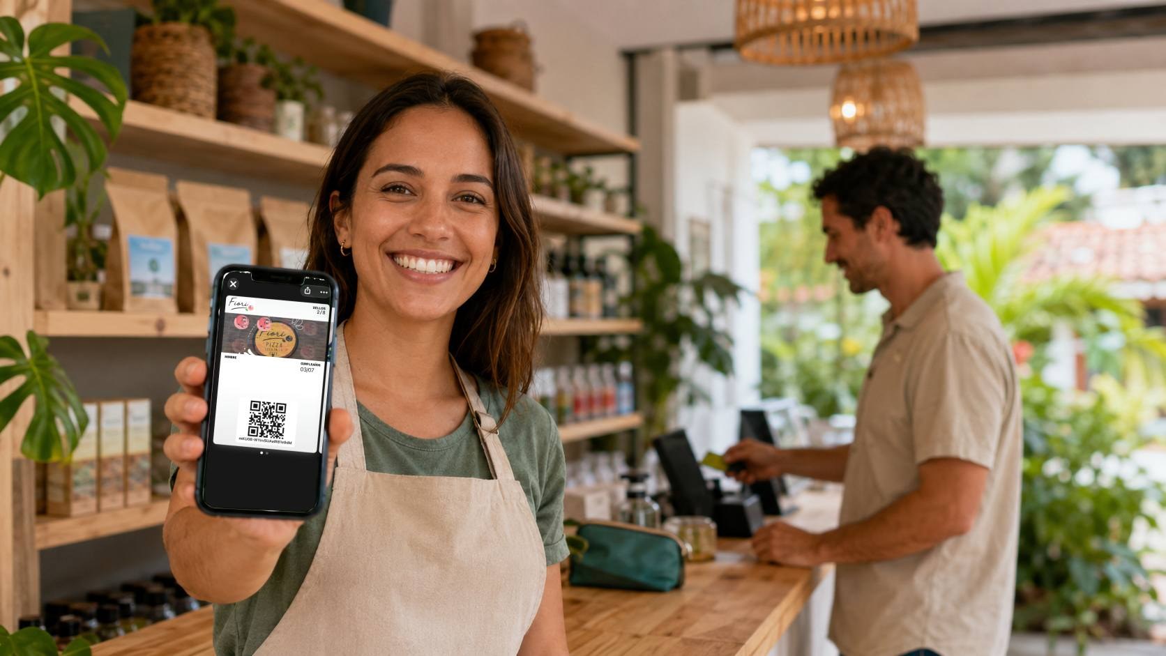 Comerciante mostrando una tarjeta de lealtad digital en un teléfono