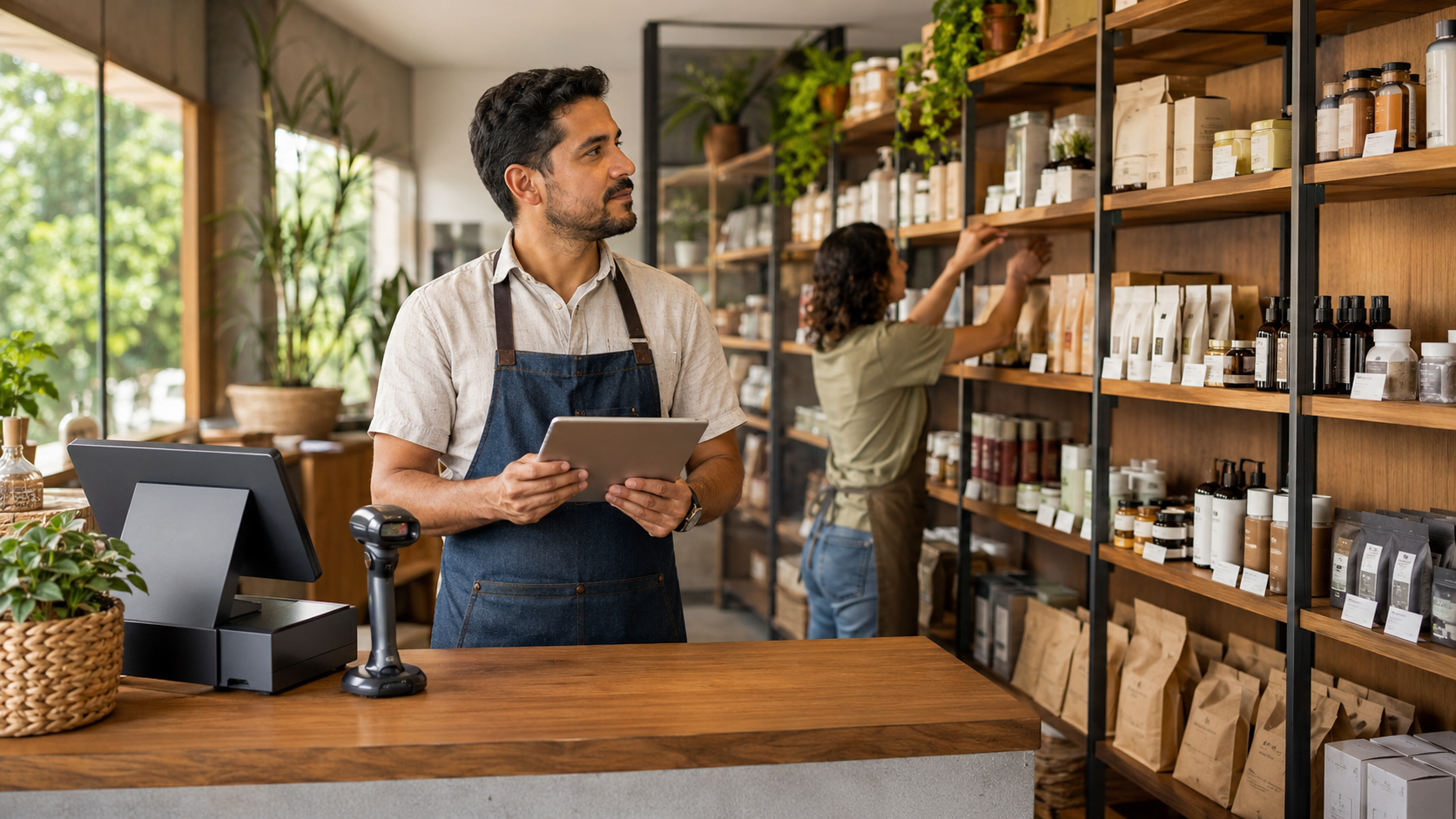 Persona encargada de un comercio revisando ventas e inventario en un punto de atención