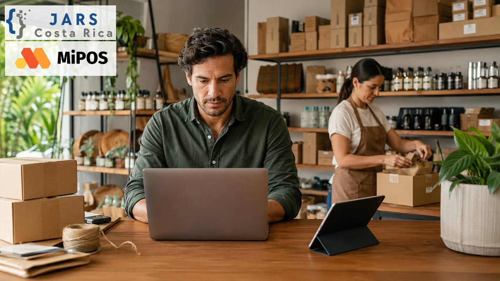 Comerciante revisando pedidos e inventario de una tienda física y una tienda en línea desde una computadora