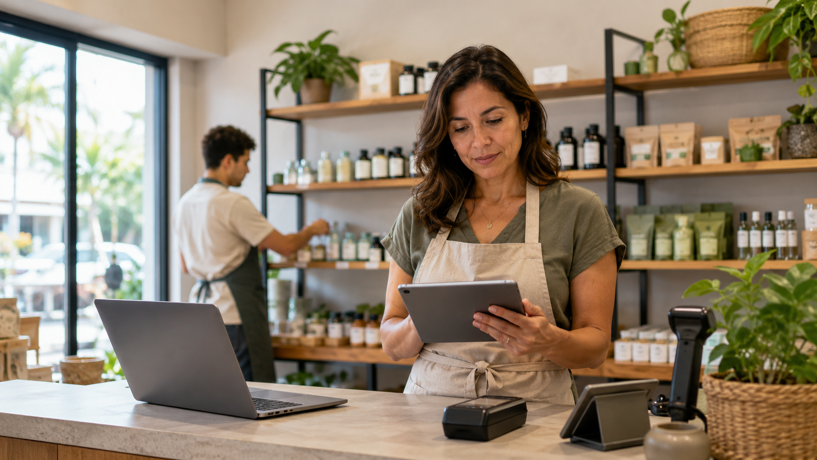 Comerciante revisando ventas e inventario en herramientas conectadas para su negocio