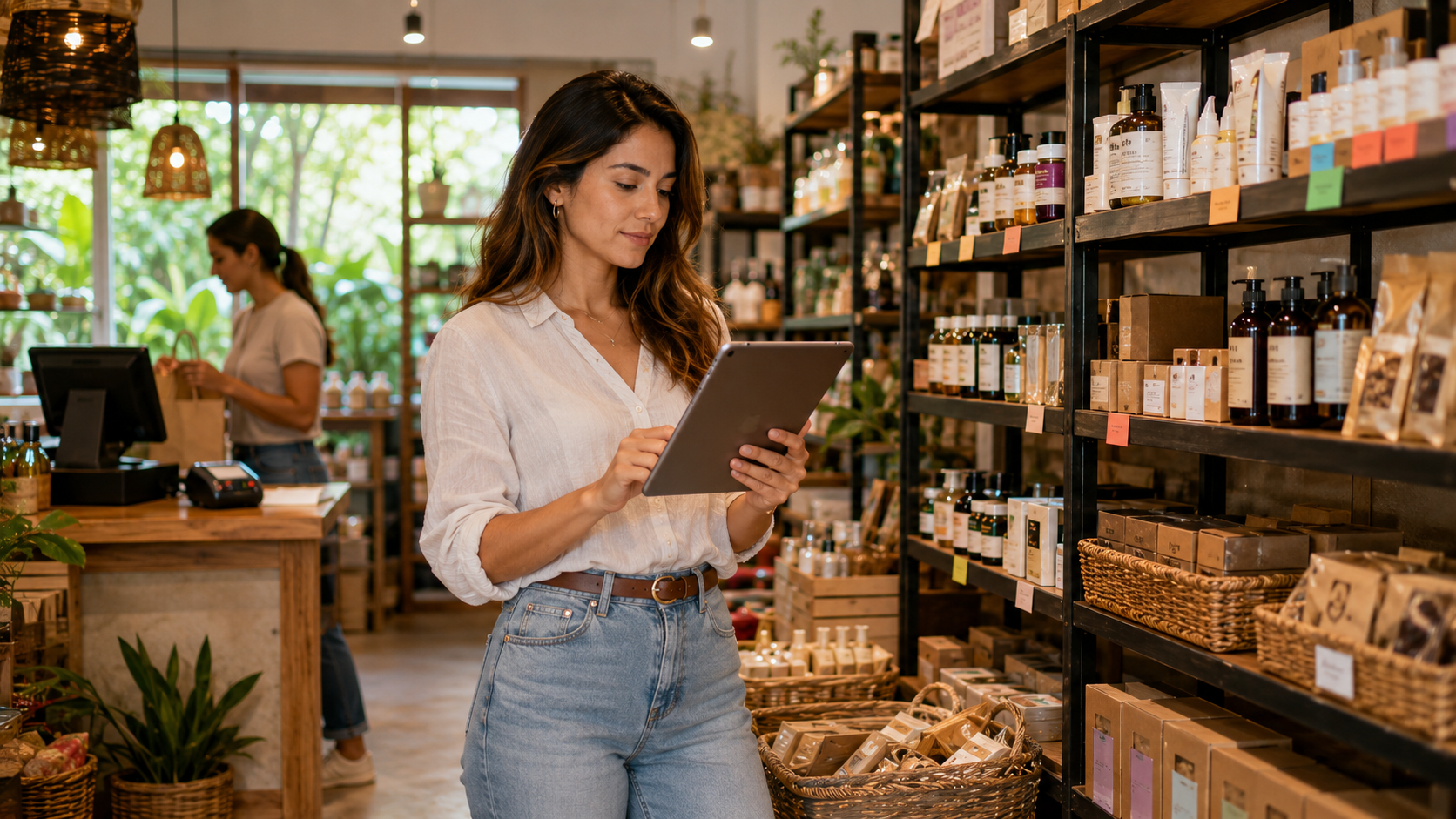Persona encargada de un comercio revisando inventario de productos en estantes y una tableta