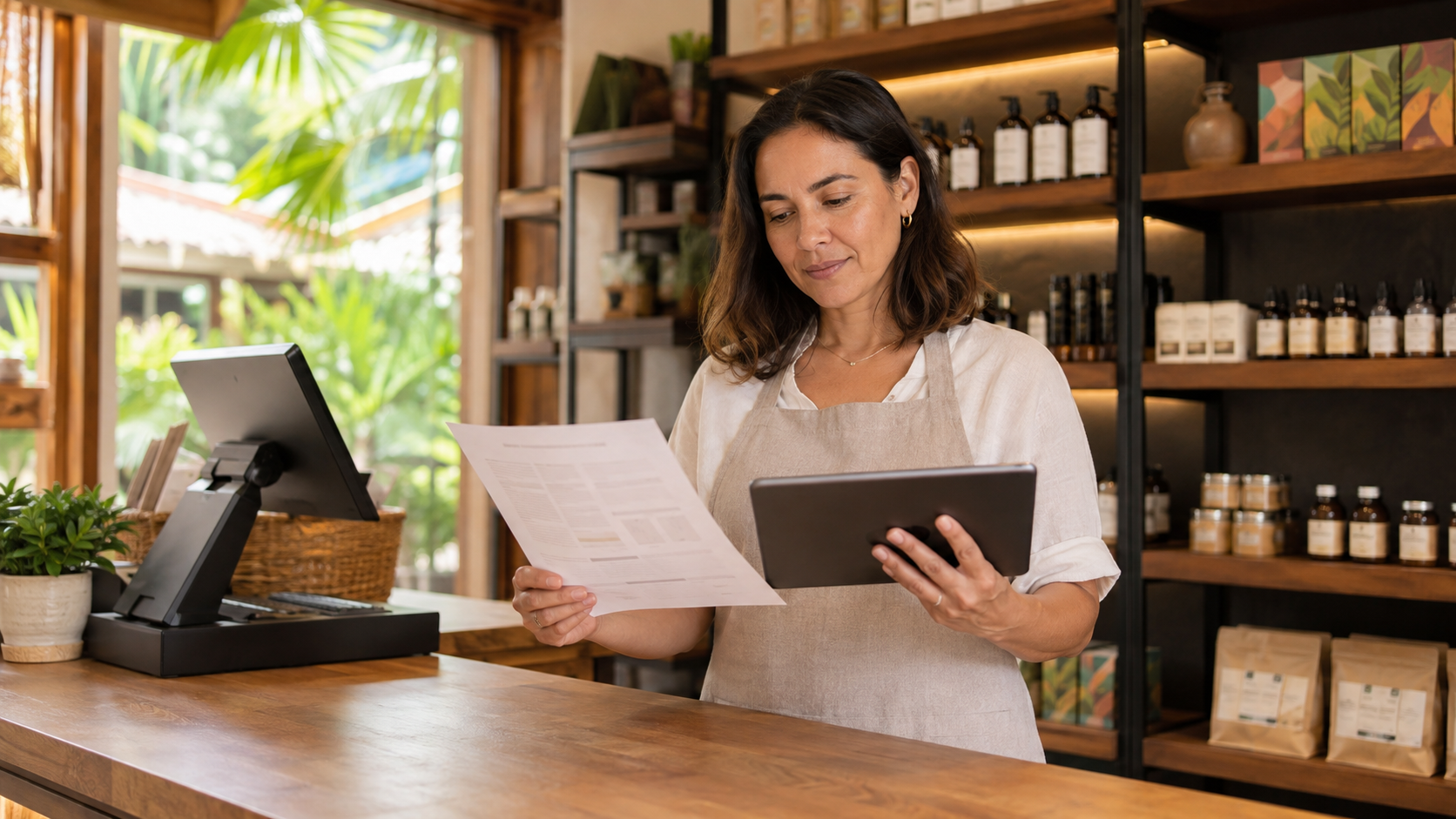 Persona encargada de un comercio revisa información de ventas e inventario antes de cambiar de sistema de facturación.