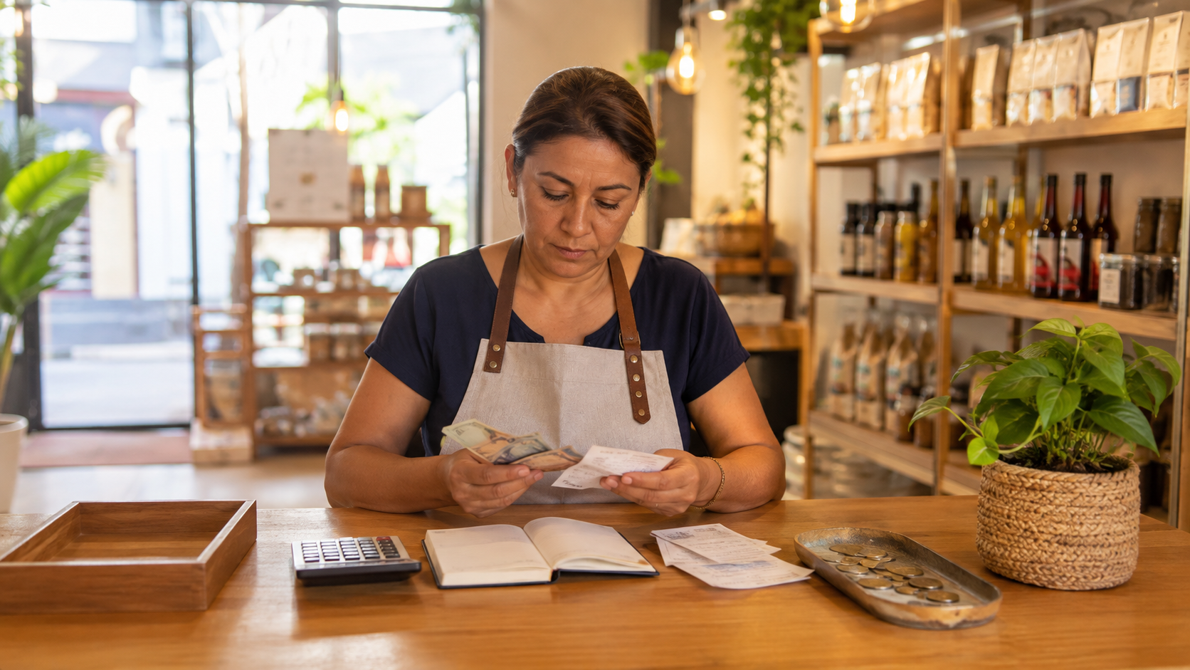 Comerciante revisando efectivo y comprobantes al cerrar caja
