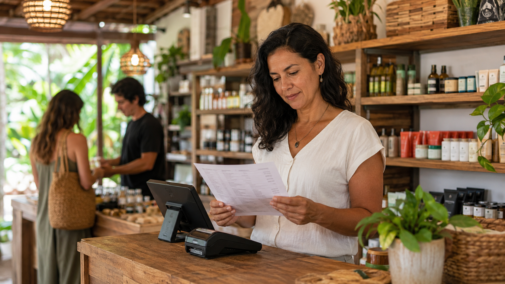Encargada de comercio revisando una promoción en el punto de venta
