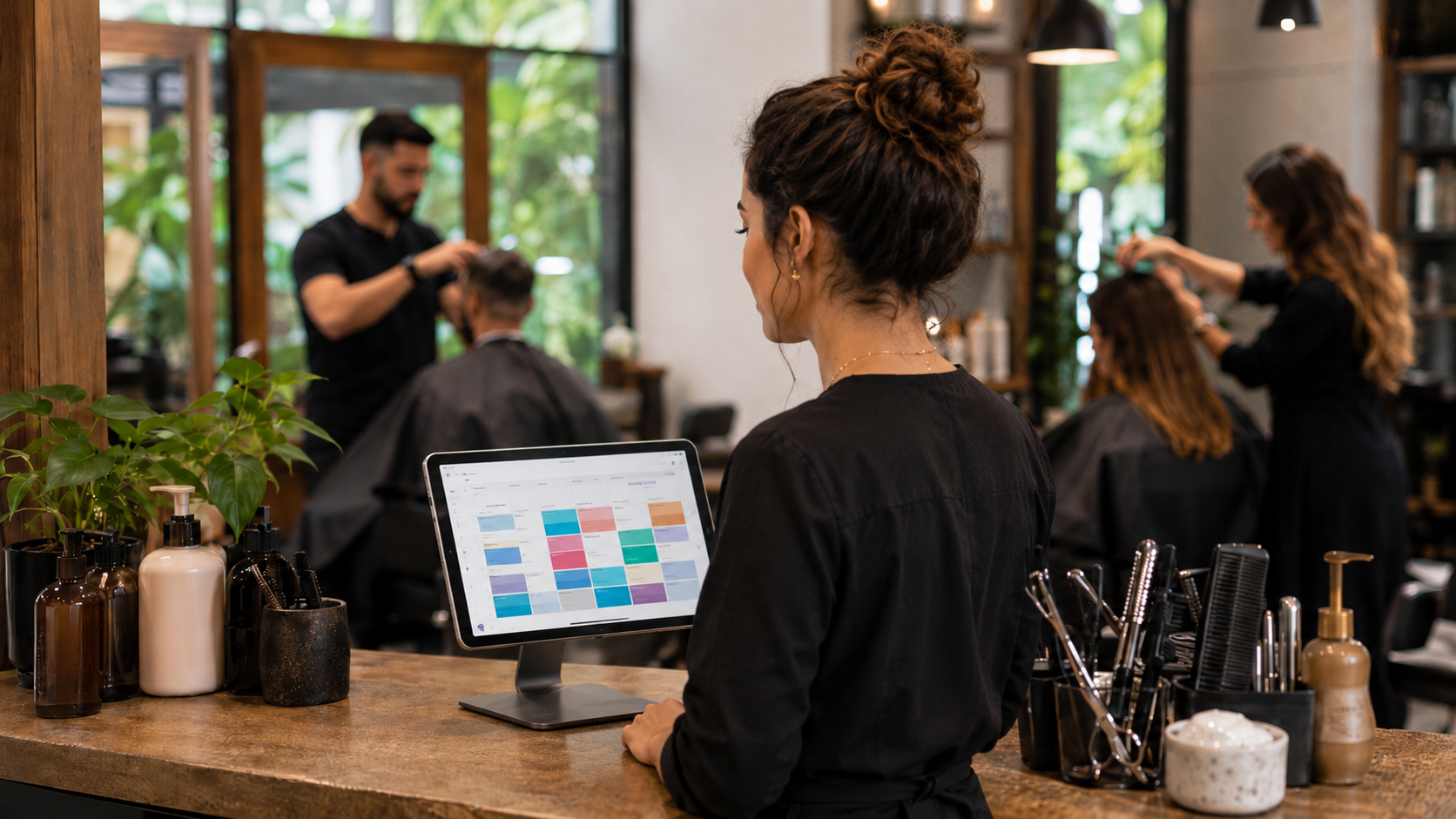 Profesional de salón de belleza revisando una agenda digital junto a productos de trabajo