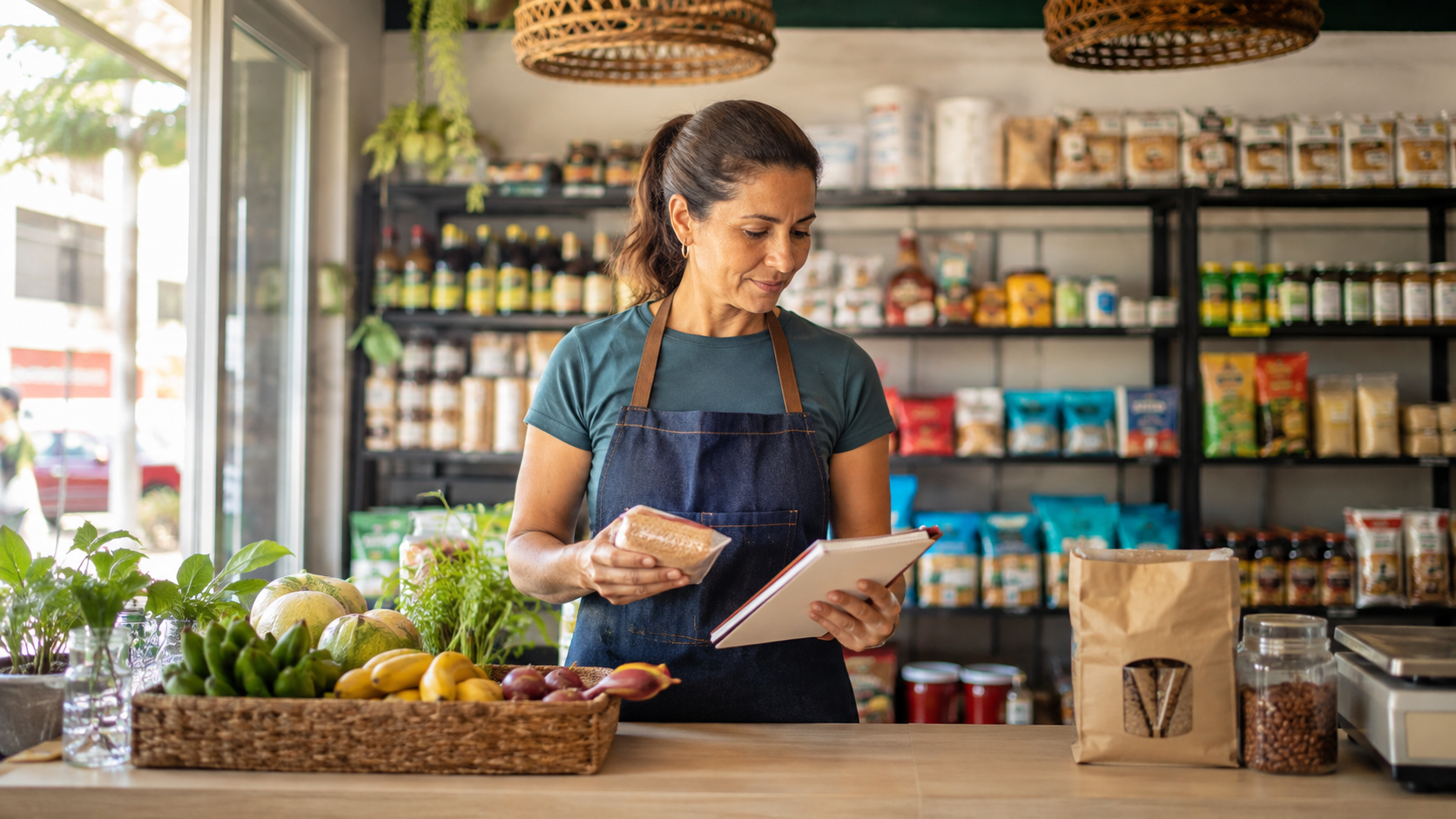 Comerciante revisando precios de productos en una tienda costarricense
