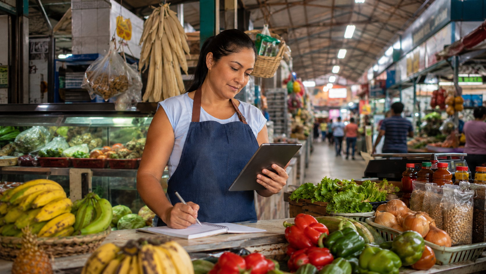 Comerciante en mercado municipal revisando ventas e inventario