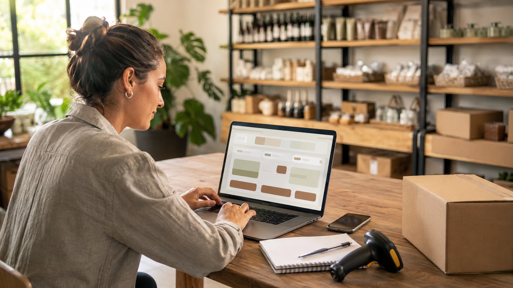 Comerciante revisando opciones de tienda en línea desde una computadora en su negocio