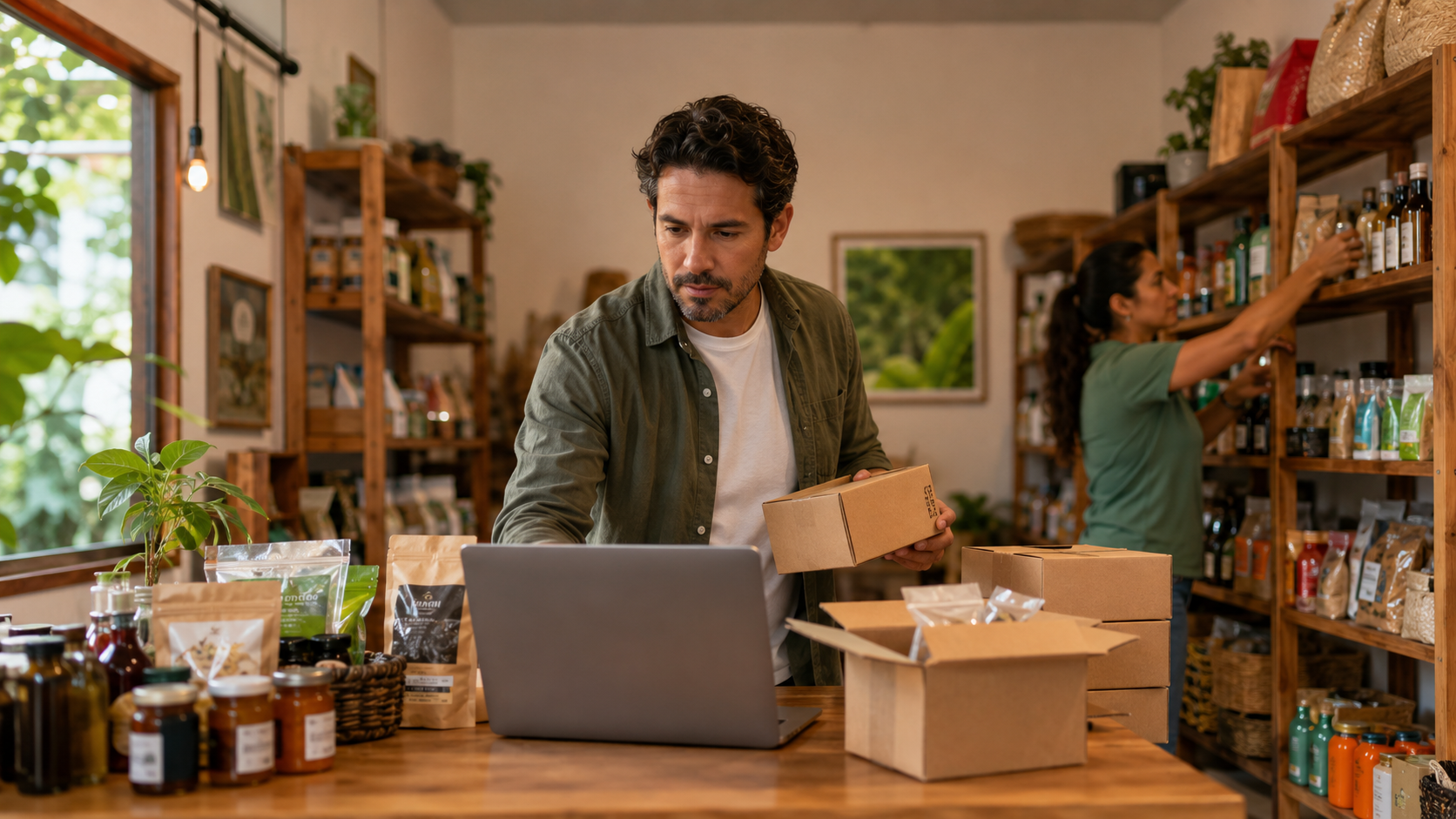 Persona encargada de comercio revisando inventario de productos en bodega con apoyo de una computadora