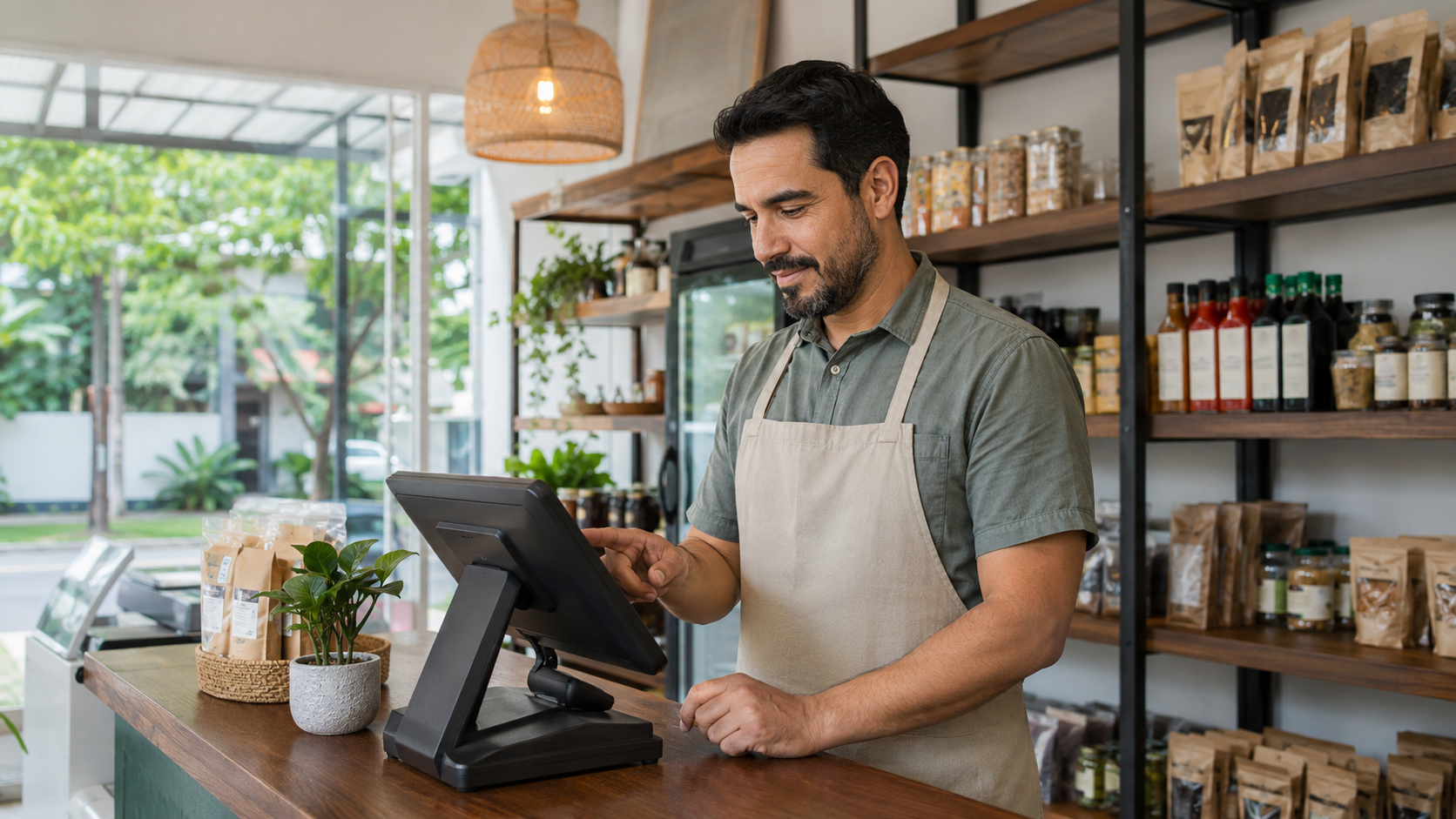 Comerciante utilizando un sistema de punto de venta en el mostrador de su negocio