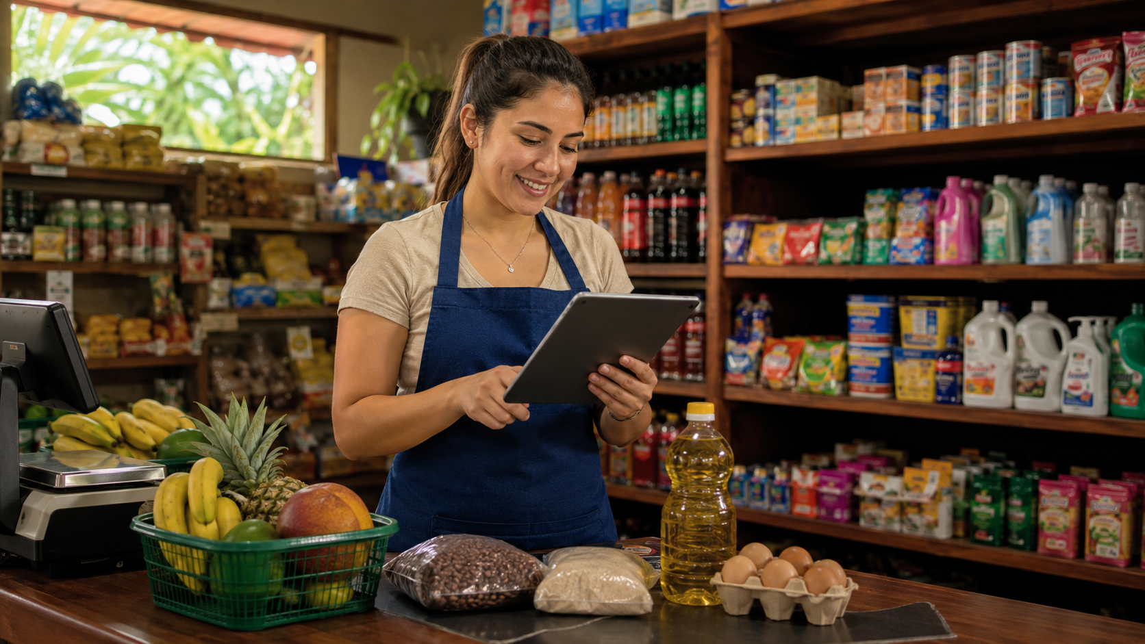 Comerciante organiza categorías de productos en una tienda costarricense