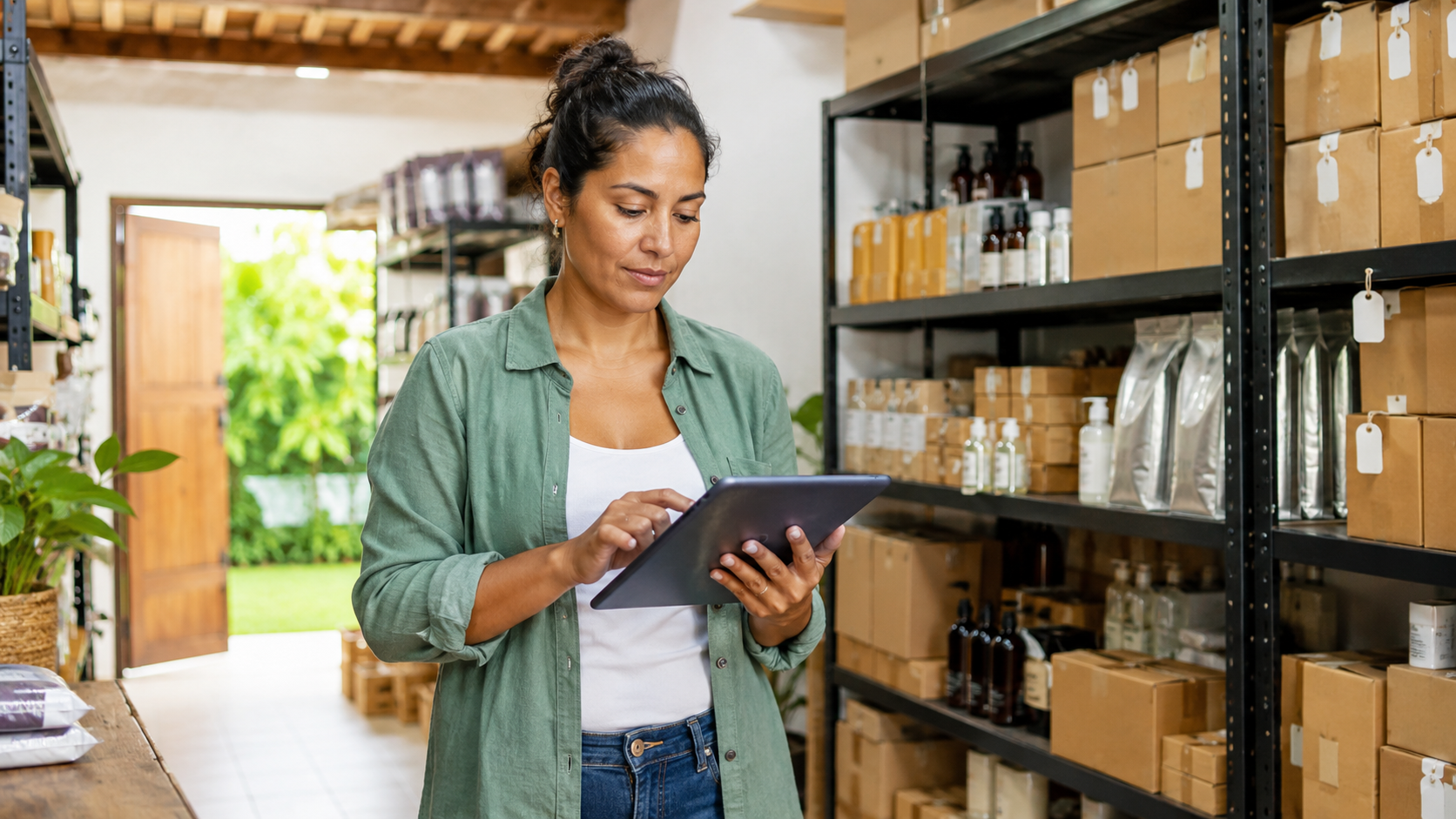 Comerciante revisando inventario de productos en una bodega organizada