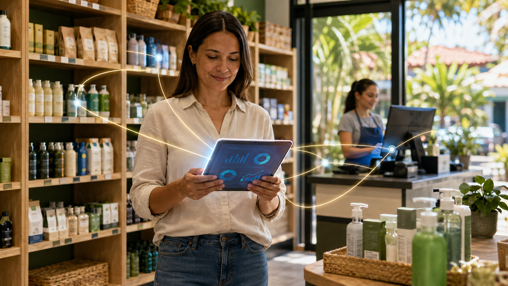 Persona administrando ventas e inventario en un comercio con información centralizada