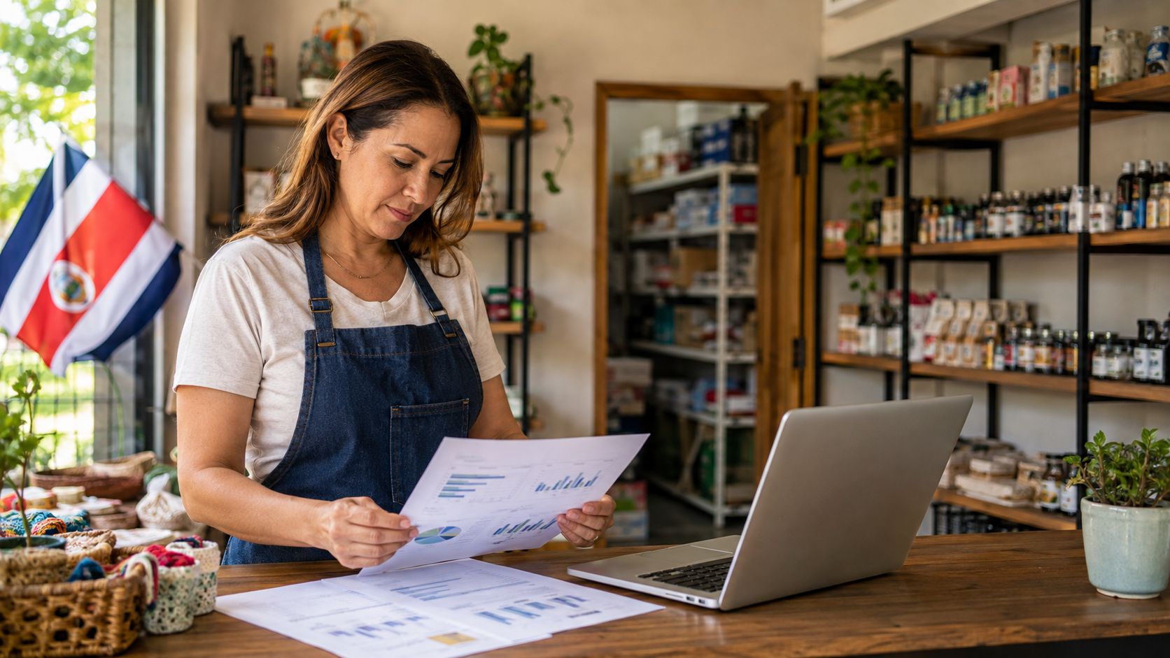 Dueña de un pequeño comercio revisando reportes de ventas e inventario en una computadora